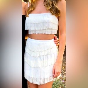 White Fox Boutique White Fringe Matching Top and Skirt